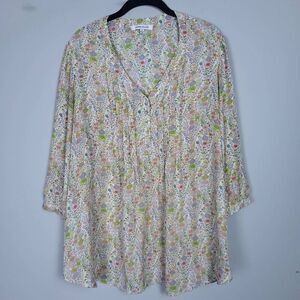 Rose + Olive Womens Boho Floral Pleated Popover Top Size 1X Pink Feminine Flowy